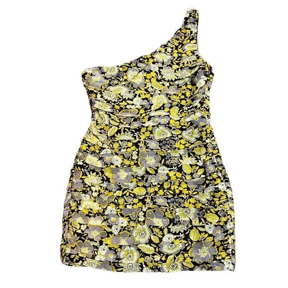 Zara one Shoulder Ruched Sides Metallic & Floral Chiffon Mini Cocktail Dress - Picture 6 of 9